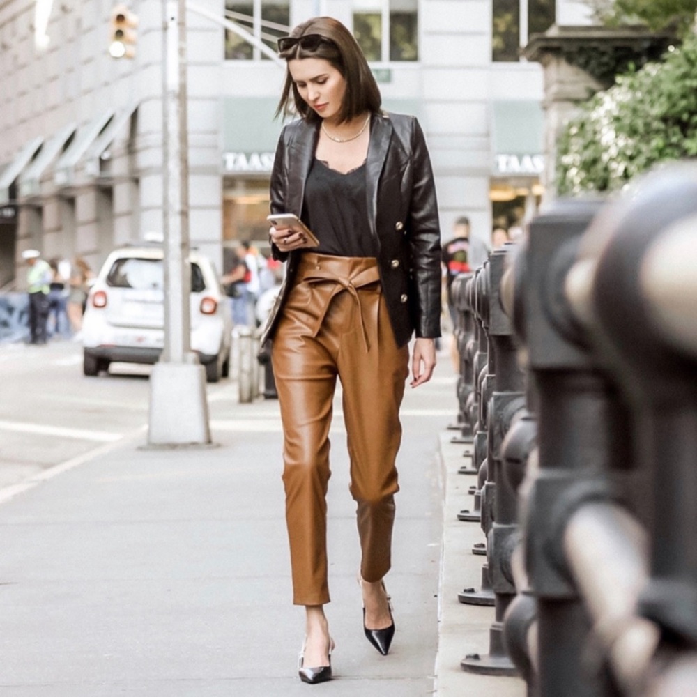 Amanda Uprichard Faux Leather Paper Bag Pants Brown XS Tie Waist Tapered Pants
